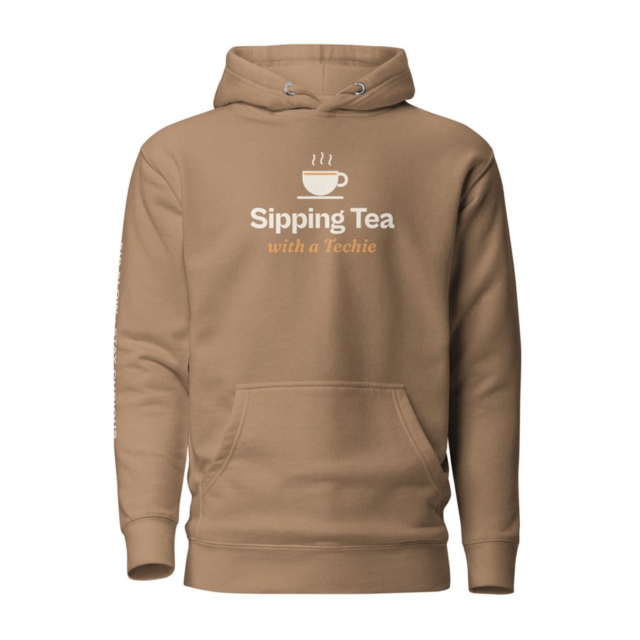 Sip Slow Hoodie in Latte, Sipping Tea with a Techie design