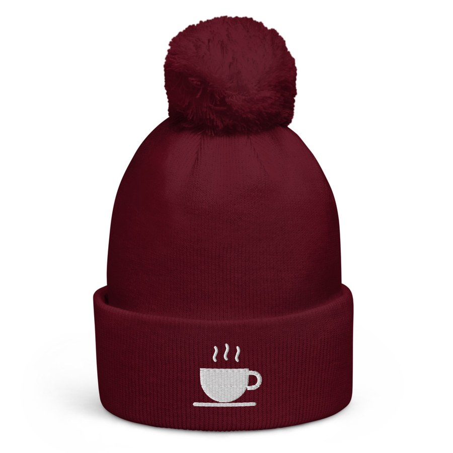 Teacup Pom Beanie in Burgundy, Sipping Tea with a Techie design