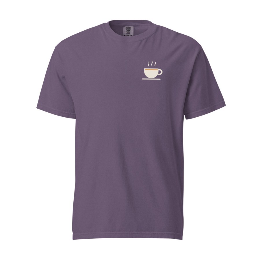 Garment-Dyed Tea Tee in Grape, Sipping Tea with a Techie design