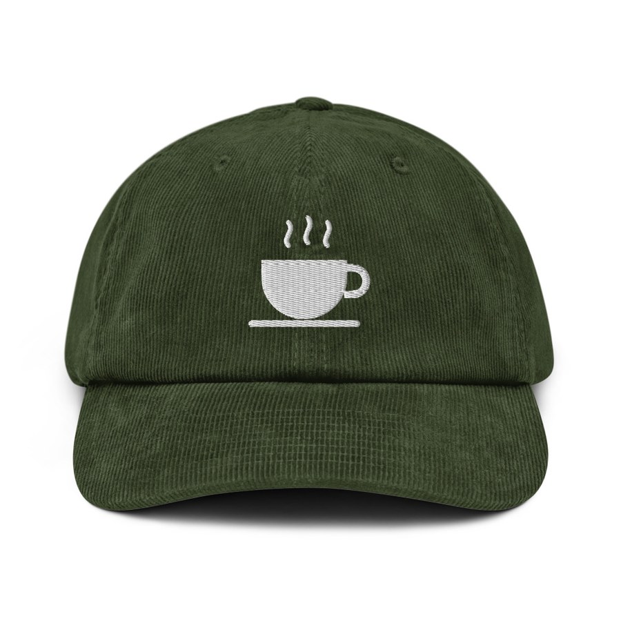 Teacup Corduroy Cap in Dark Olive, Sipping Tea with a Techie design