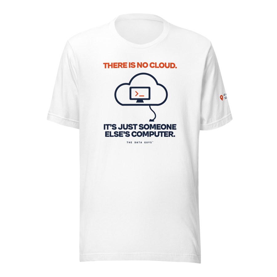 Someone Else’s Computer Tee in White, Hot Takes by The Data Guys™ design