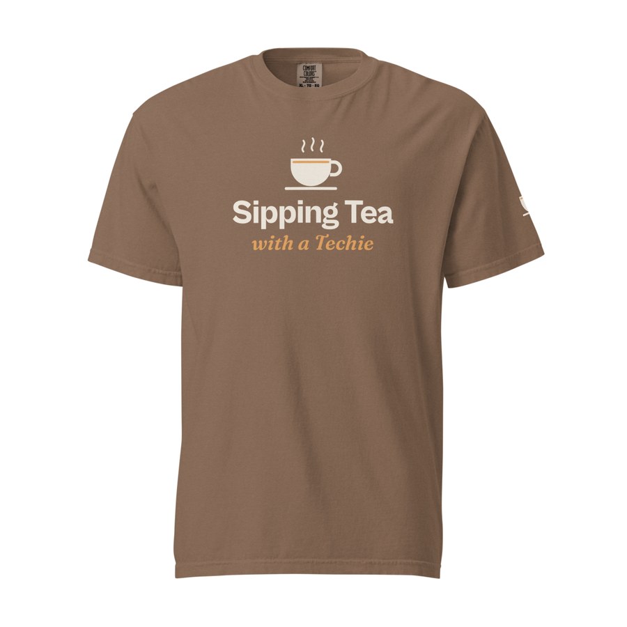 Garment-Dyed Tea Tee in Espresso, Sipping Tea with a Techie design