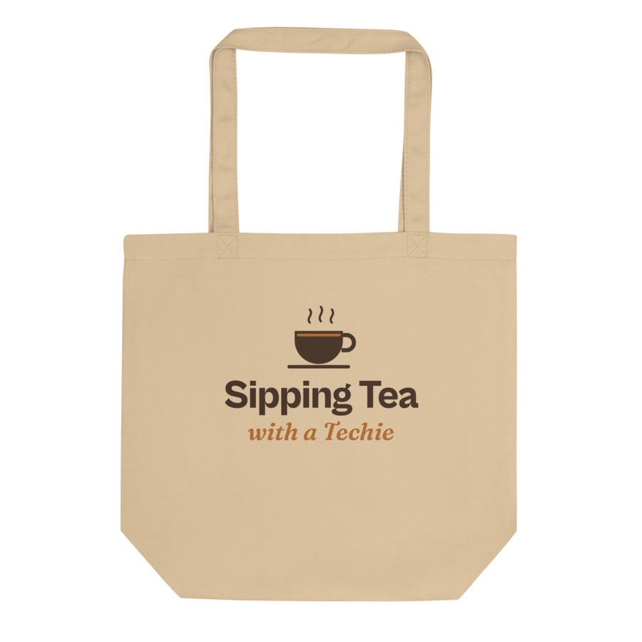 Sipping Tea Canvas Tote in Oyster, Sipping Tea with a Techie design