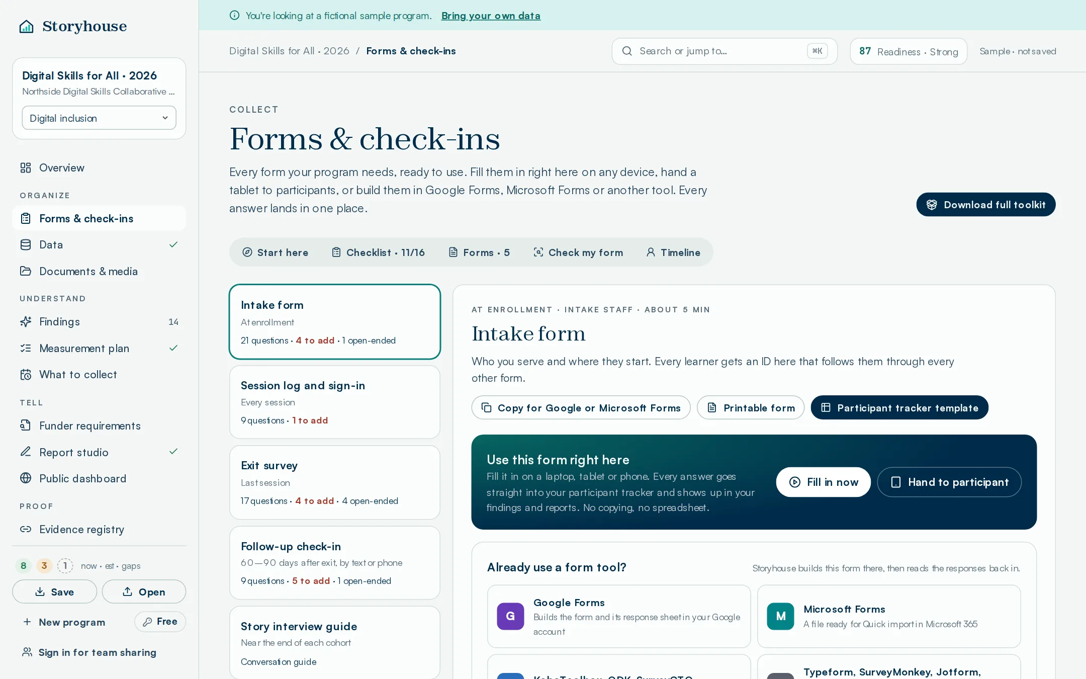 Storyhouse forms and check-ins with intake, exit and follow-up forms