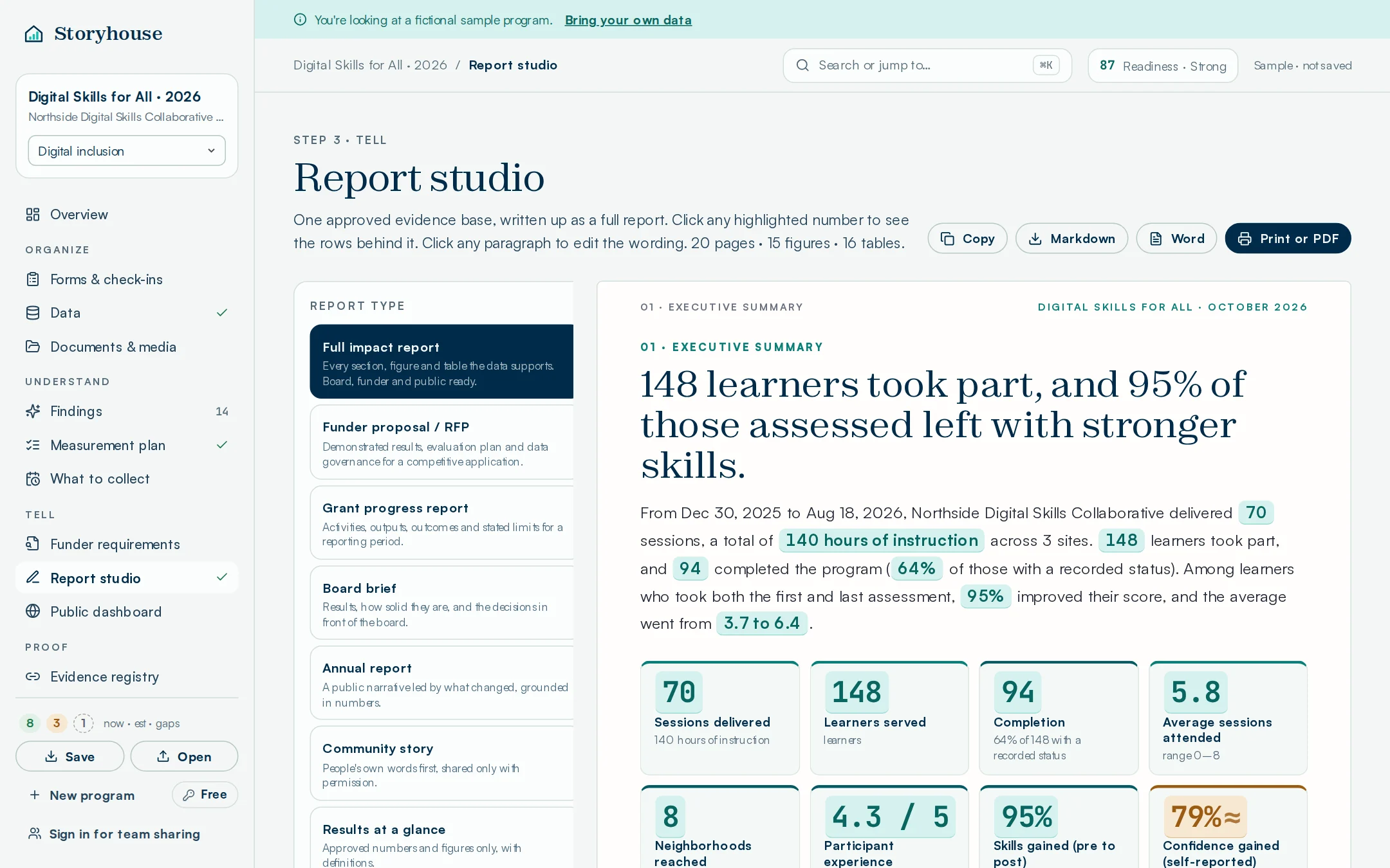 Storyhouse Report studio with a full impact report cover and report type list