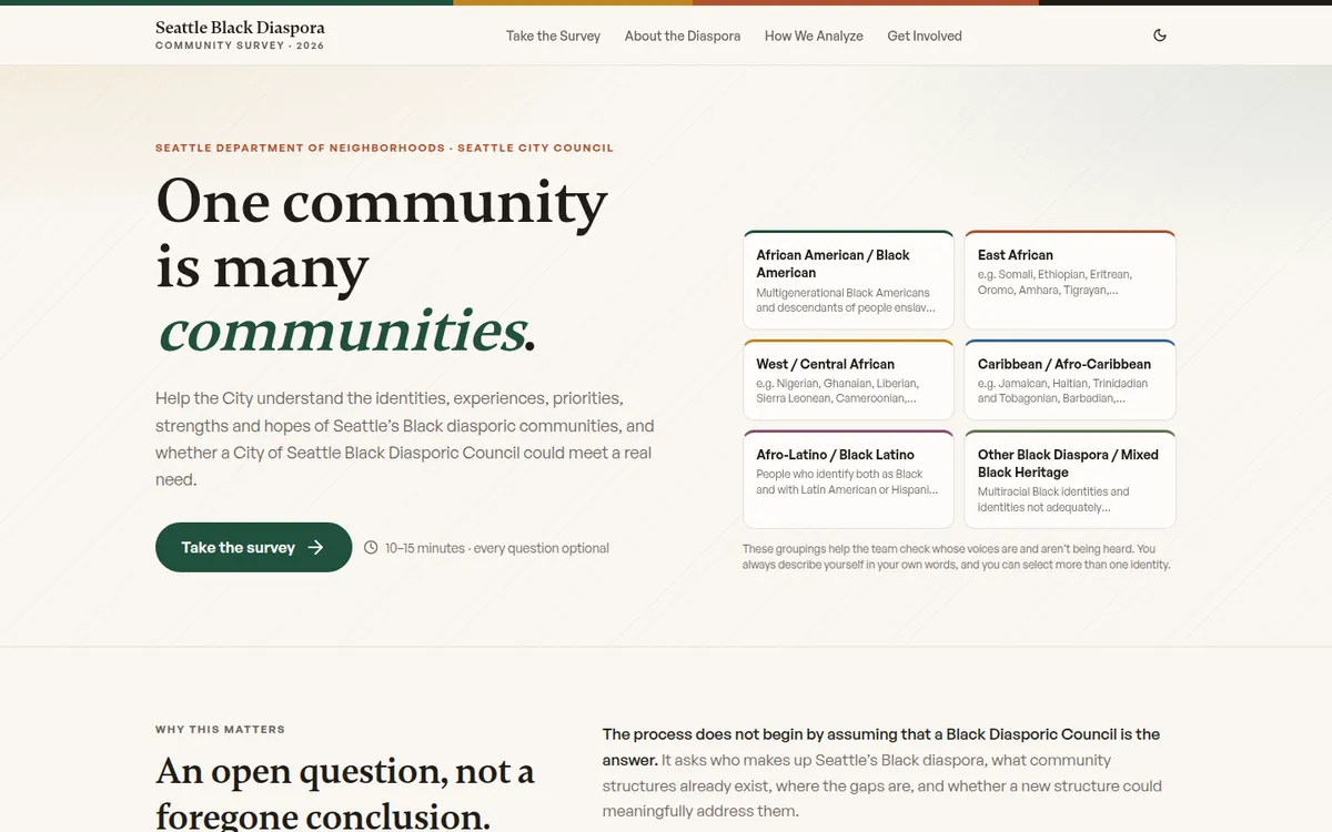 Screenshot of Seattle Black Diasporic Community Survey